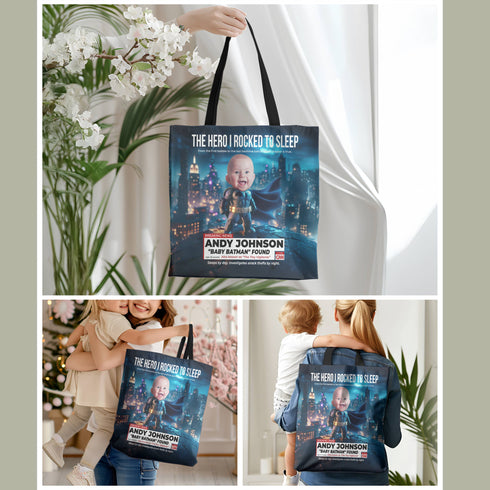 Personalized Superhero Baby Tote Bag – Baby Batman Design with Custom Photo & Quote